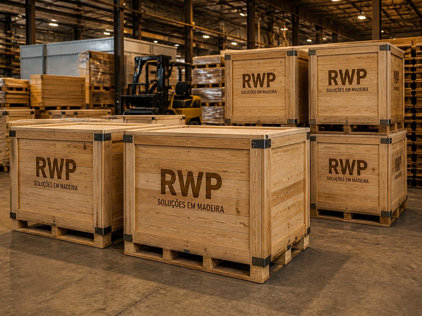 Caixas de madeira RWP personalizadas empilhadas em ambiente industrial