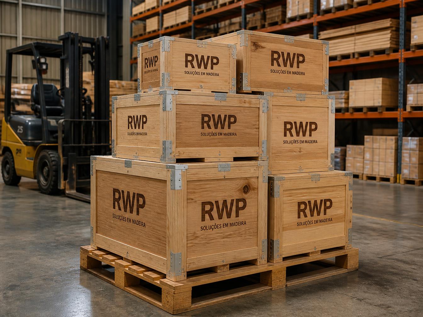 Caixas de madeira RWP empilhadas em pallet em ambiente industrial