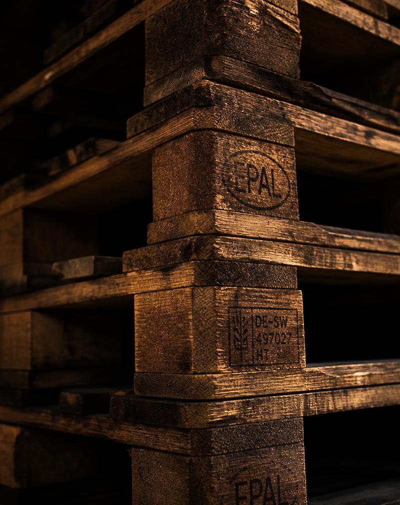 Pallets de madeira industrial empilhados em ambiente de armazém